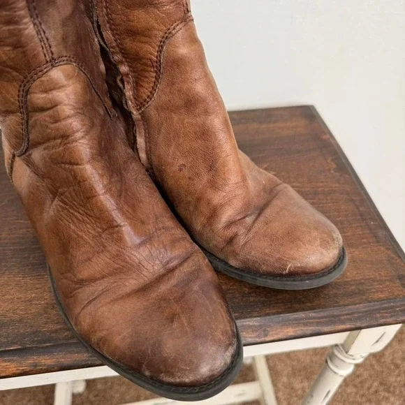 Knee-high brown leather boot buckle size 8.5 boho western riding moto - Picture 5 of 8